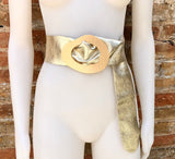 GOLD metallic leather waist belt with large metal buckle. Soft leather belt in gold. Boho glitter genuine leather belt. Gold waist belt