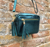 Metallic leather teal blue small leather bag. GENUINE leather shoulder / crossbody bag. Blue-green purse with adjustable strap + zipper