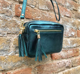 Metallic leather teal blue small leather bag. GENUINE leather shoulder / crossbody bag. Blue-green purse with adjustable strap + zipper