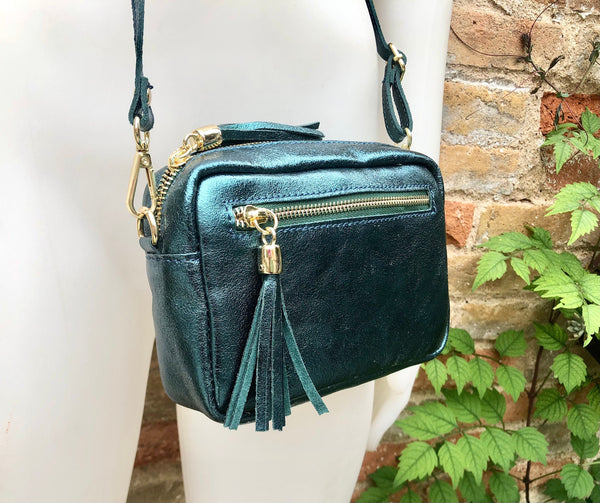 Metallic leather teal blue small leather bag. GENUINE leather shoulder / crossbody bag. Blue-green purse with adjustable strap + zipper