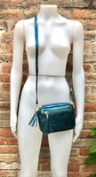 Metallic leather teal blue small leather bag. GENUINE leather shoulder / crossbody bag. Blue-green purse with adjustable strap + zipper