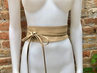 Beige wrap belt in soft leather. LONGER option. Waist, dress or wraparound belt in genuine leather. Boho obi beige color belt.