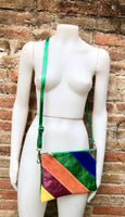 Small party bag in metallic shine leather.Green, royal blue, orange cross body/shoulder bag in GENUINE leather. Rainbow purse..Disco 70s