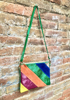 Small party bag in metallic shine leather.Green, royal blue, orange cross body/shoulder bag in GENUINE leather. Rainbow purse..Disco 70s