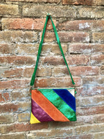 Small party bag in metallic shine leather.Green, royal blue, orange cross body/shoulder bag in GENUINE leather. Rainbow purse..Disco 70s