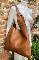 Shoulder leather bag in CAMEL brown. Genuine leather shopper in saddle brown. Soft naturalleather Carry all bag for your laptop, books etc