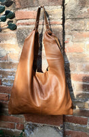 Shoulder leather bag in CAMEL brown. Genuine leather shopper in saddle brown. Soft naturalleather Carry all bag for your laptop, books etc