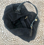 BLACK slouch leather shoulder bag.Genuine leather hobo bag.Boho bag for books or tablets. Soft leather shopper with brown leather wide strap