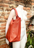 Orange tote leather bag. Genuine leather shopper. Large carry all bag for your laptop / books. Burnt orange leather purse. Shoulder bag.