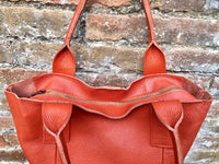 Orange tote leather bag. Genuine leather shopper. Large carry all bag for your laptop / books. Burnt orange leather purse. Shoulder bag.