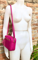 Small hot pink leather bag. GENUINE leather shoulder / cross body bag. Fuchsia pink leather purse with tassels, adjustable strap and zipper