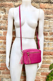 Small hot pink leather bag. GENUINE leather shoulder / cross body bag. Fuchsia pink leather purse with tassels, adjustable strap and zipper