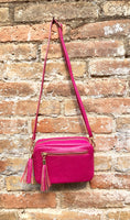 Small hot pink leather bag. GENUINE leather shoulder / cross body bag. Fuchsia pink leather purse with tassels, adjustable strap and zipper