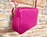 Small hot pink leather bag. GENUINE leather shoulder / cross body bag. Fuchsia pink leather purse with tassels, adjustable strap and zipper