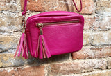 Small hot pink leather bag. GENUINE leather shoulder / cross body bag. Fuchsia pink leather purse with tassels, adjustable strap and zipper