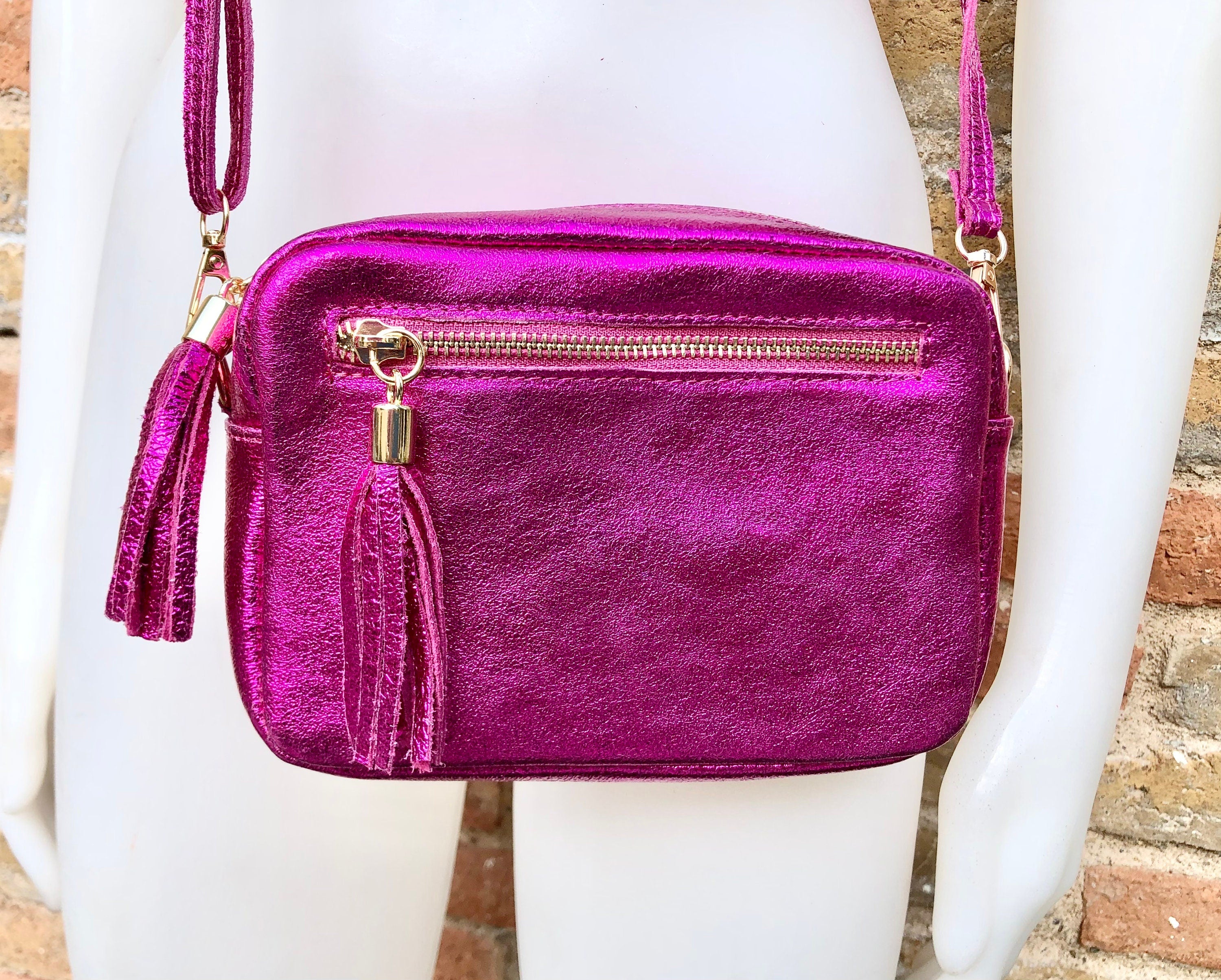Small hot pink leather bag. GENUINE leather shoulder / cross body bag. Metallic fuchsia leather purse. Tassels, adjustable strap + zipper