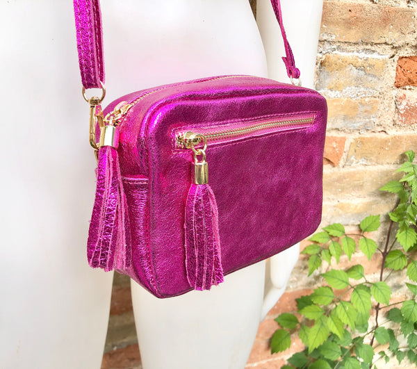 Small hot pink leather bag. GENUINE leather shoulder / cross body bag. Metallic fuchsia leather purse. Tassels, adjustable strap + zipper