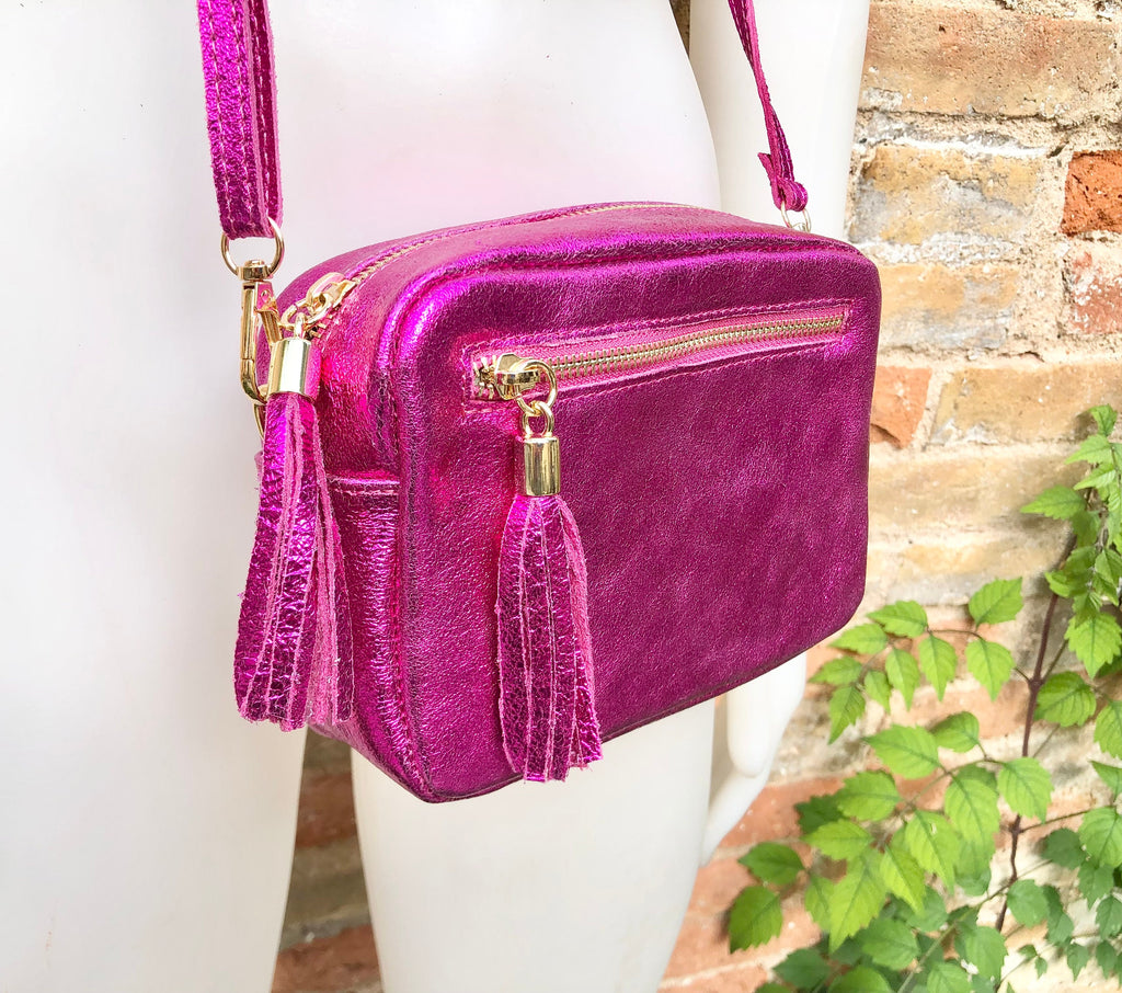 Small hot pink leather bag. GENUINE leather shoulder / cross body bag. Metallic fuchsia leather purse. Tassels, adjustable strap + zipper