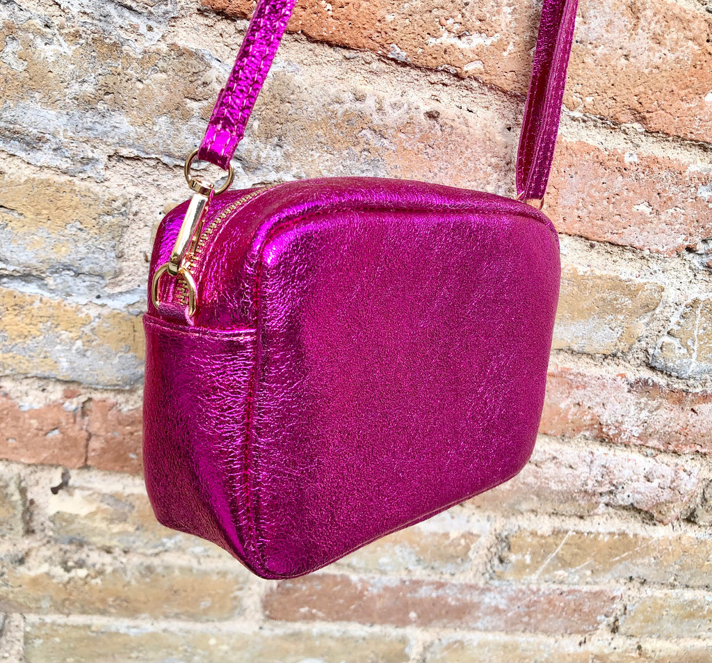 Small hot pink leather bag. GENUINE leather shoulder / cross body bag. Metallic fuchsia leather purse. Tassels, adjustable strap + zipper