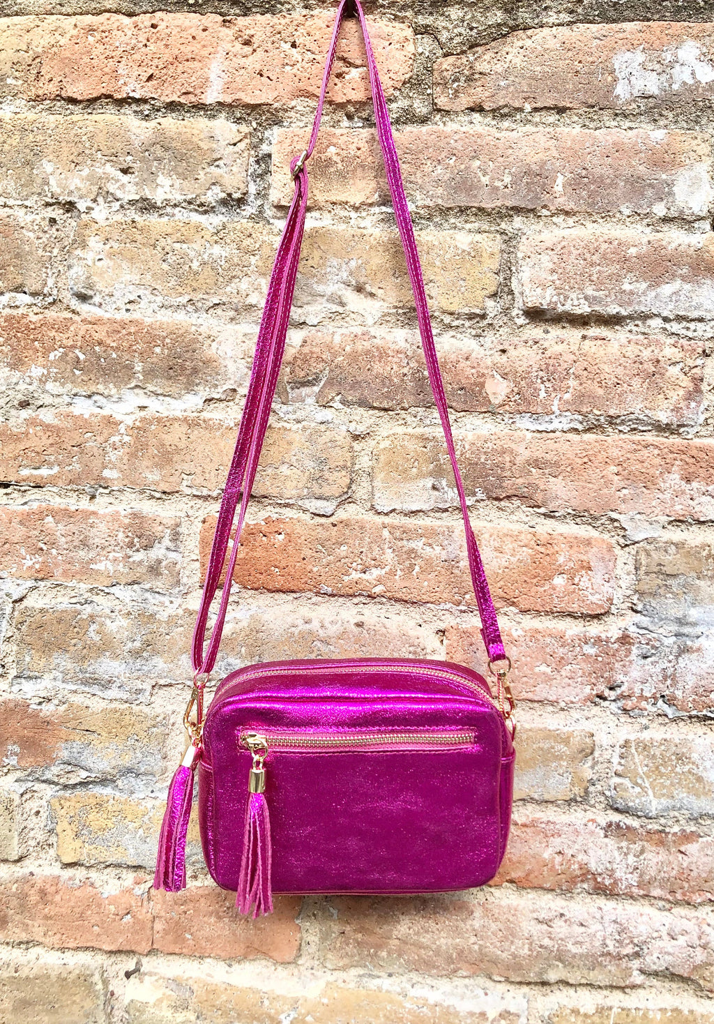 Small hot pink leather bag. GENUINE leather shoulder / cross body bag. Metallic fuchsia leather purse. Tassels, adjustable strap + zipper