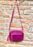 Small hot pink leather bag. GENUINE leather shoulder / cross body bag. Fuchsia metallic leather purse. Tassels, adjustable strap + zipper