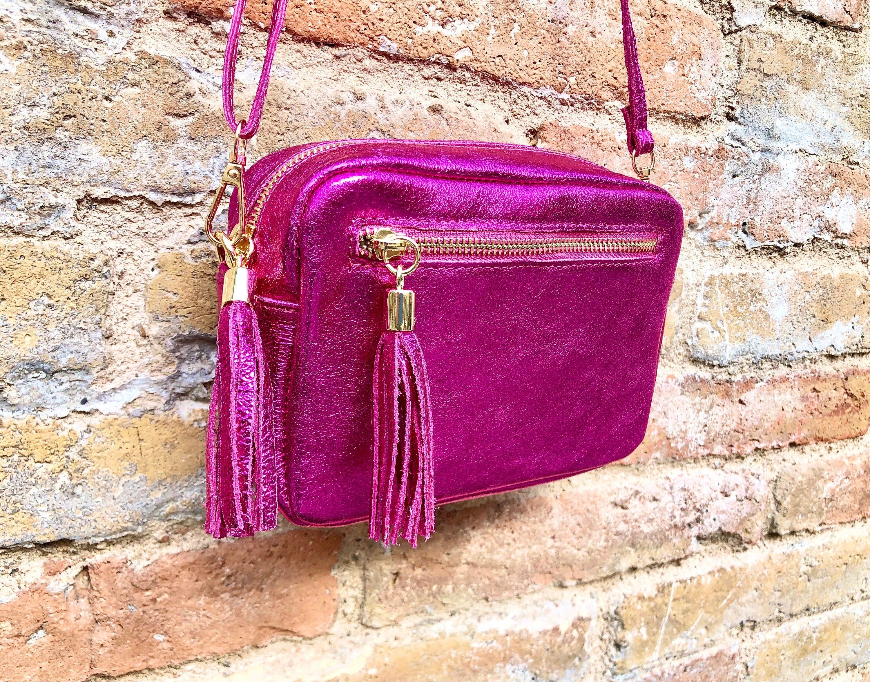 Small hot pink leather bag. GENUINE leather shoulder / cross body bag. Metallic fuchsia leather purse. Tassels, adjustable strap + zipper