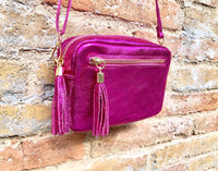Small hot pink leather bag. GENUINE leather shoulder / cross body bag. Metallic fuchsia leather purse. Tassels, adjustable strap + zipper