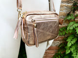 Small leather bag in pink gold. Cross body / shoulder bag. Metallic shine genuine leather bag. Pink purse. adjustable strap and zipper