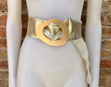 GOLD metallic leather waist belt with large metal buckle. Soft leather belt in gold. Boho glitter genuine leather belt. Gold waist belt