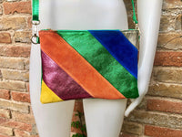 Small party bag in metallic shine leather.Green, royal blue, orange cross body/shoulder bag in GENUINE leather. Rainbow purse..Disco 70s