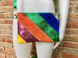 Small party bag in metallic shine leather.Green, royal blue, orange cross body/shoulder bag in GENUINE leather. Rainbow purse..Disco 70s