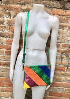 Small party bag in metallic shine leather.Green, royal blue, orange cross body/shoulder bag in GENUINE leather. Rainbow purse..Disco 70s