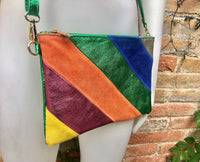 Small party bag in metallic shine leather.Green, royal blue, orange cross body/shoulder bag in GENUINE leather. Rainbow purse..Disco 70s