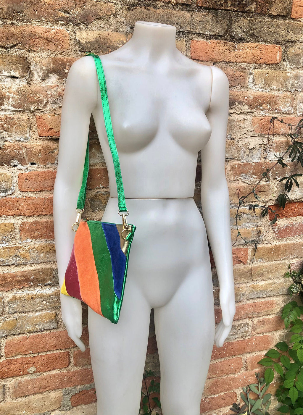 Small party bag in metallic shine leather.Green, royal blue, orange cross body/shoulder bag in GENUINE leather. Rainbow purse..Disco 70s