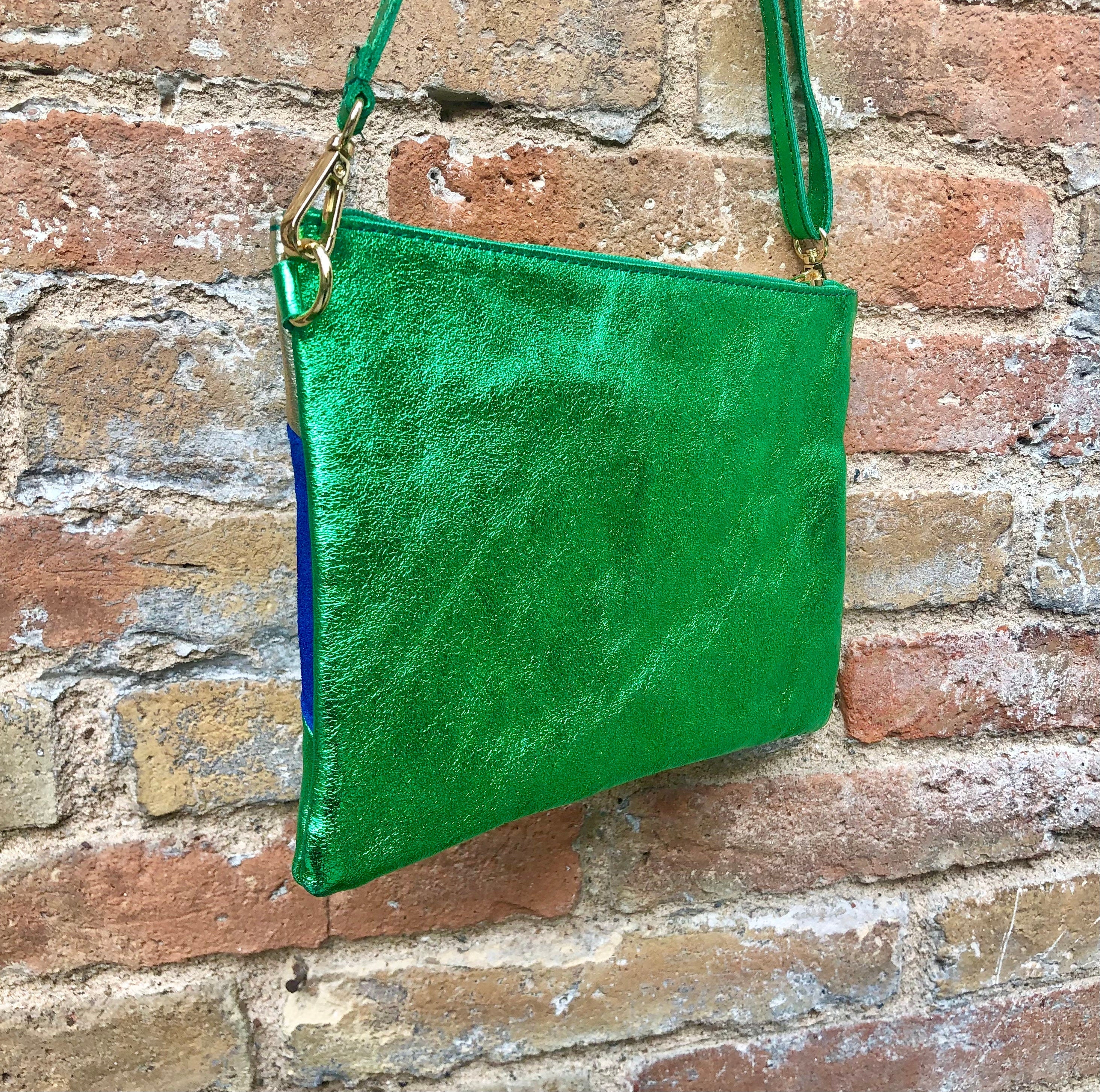 Small party bag in metallic shine leather.Green, royal blue, orange cross body/shoulder bag in GENUINE leather. Rainbow purse..Disco 70s