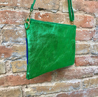 Small party bag in metallic shine leather.Green, royal blue, orange cross body/shoulder bag in GENUINE leather. Rainbow purse..Disco 70s