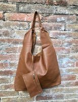 Shoulder leather bag in CAMEL brown. Genuine leather shopper in saddle brown. Soft naturalleather Carry all bag for your laptop, books etc