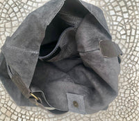 Dark gray slouch leather bag. Grey suede hobo bag. Soft leather shopper bag. Book or tablet bag in genuine natural suede with ZIPPER.