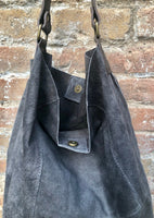 Dark gray slouch leather bag. Grey suede hobo bag. Soft leather shopper bag. Book or tablet bag in genuine natural suede with ZIPPER.