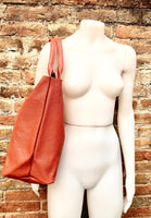 Orange tote leather bag. Genuine leather shopper. Large carry all bag for your laptop / books. Burnt orange leather purse. Shoulder bag.