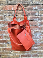 Orange tote leather bag. Genuine leather shopper. Large carry all bag for your laptop / books. Burnt orange leather purse. Shoulder bag.