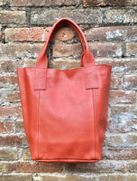 Orange tote leather bag. Genuine leather shopper. Large carry all bag for your laptop / books. Burnt orange leather purse. Shoulder bag.