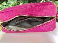 Small hot pink leather bag. GENUINE leather shoulder / cross body bag. Fuchsia pink leather purse with tassels, adjustable strap and zipper