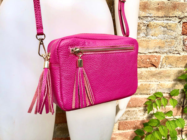 Small hot pink leather bag. GENUINE leather shoulder / cross body bag. Fuchsia pink leather purse with tassels, adjustable strap and zipper