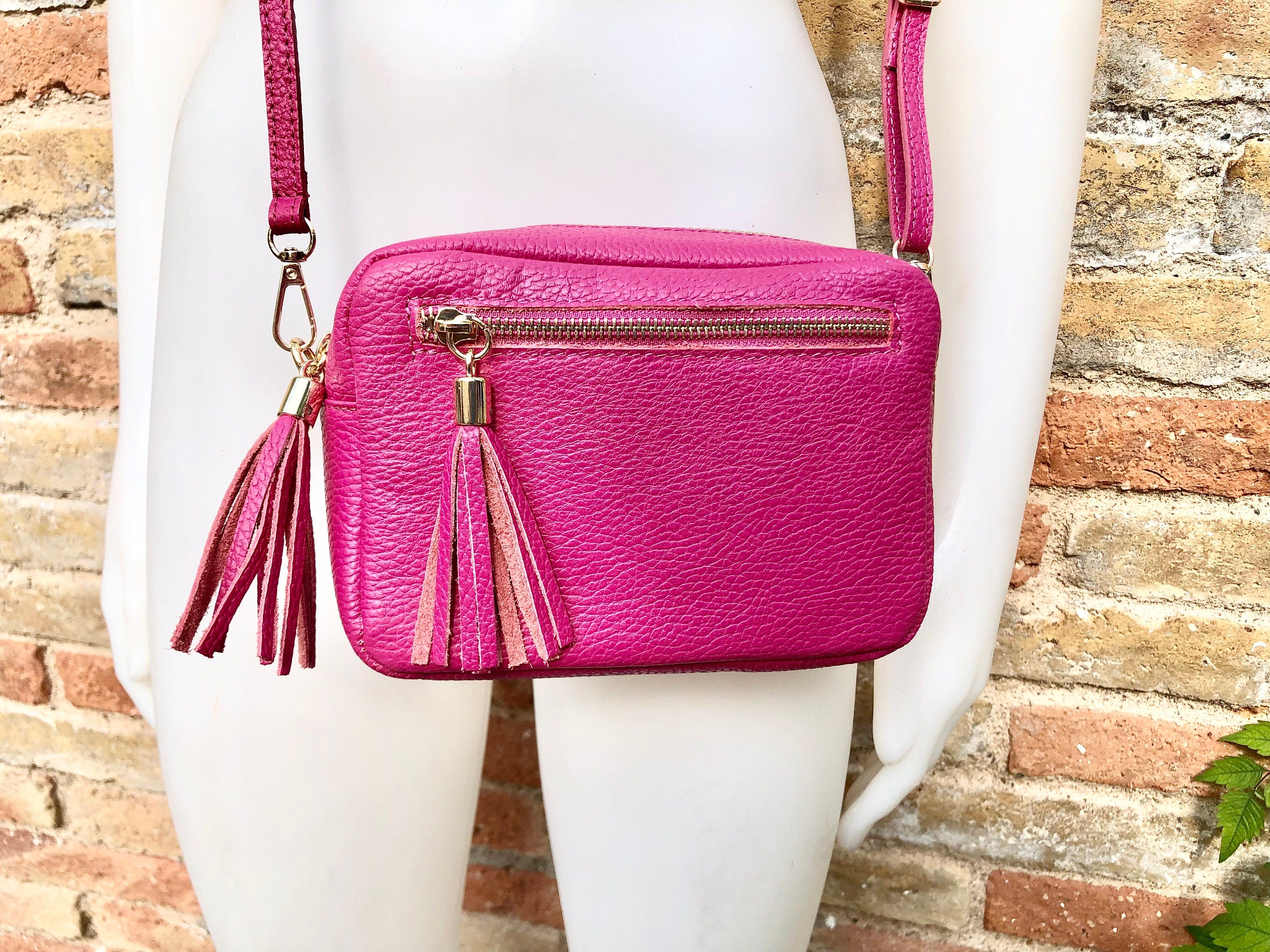 Small hot pink leather bag. GENUINE leather shoulder / cross body bag. Fuchsia pink leather purse with tassels, adjustable strap and zipper