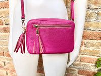 Small hot pink leather bag. GENUINE leather shoulder / cross body bag. Fuchsia pink leather purse with tassels, adjustable strap and zipper