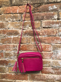 Small hot pink leather bag. GENUINE leather shoulder / cross body bag. Fuchsia pink leather purse with tassels, adjustable strap and zipper