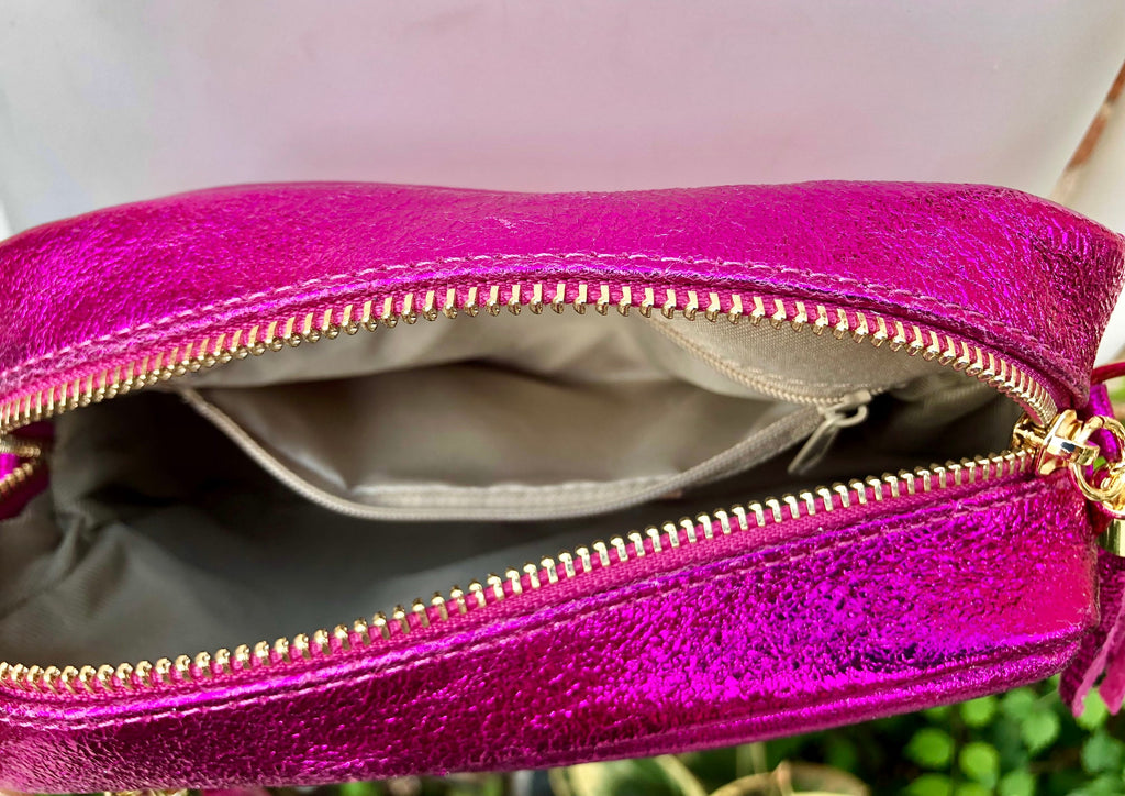 Small hot pink leather bag. GENUINE leather shoulder / cross body bag. Metallic fuchsia leather purse. Tassels, adjustable strap + zipper