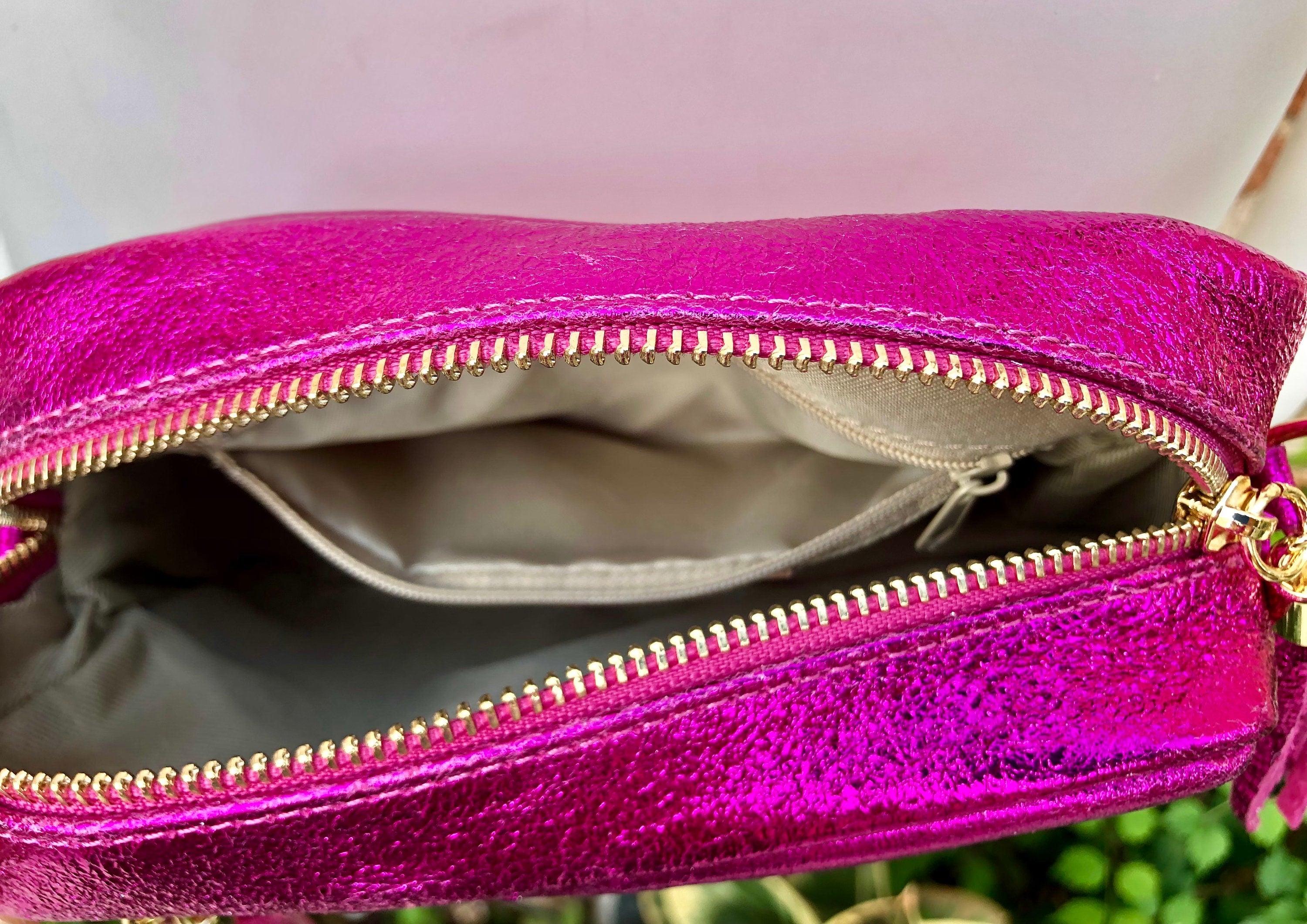 Small hot pink leather bag. GENUINE leather shoulder / cross body bag. Metallic fuchsia leather purse. Tassels, adjustable strap + zipper