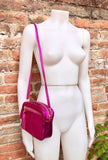 Small hot pink leather bag. GENUINE leather shoulder / cross body bag. Fuchsia metallic leather purse. Tassels, adjustable strap + zipper